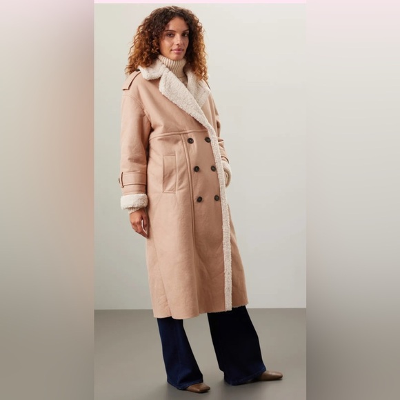 Great Jones Sherpa Lined Women's Tan Double-Breasted Faux Leather Coat - Picture 12 of 15